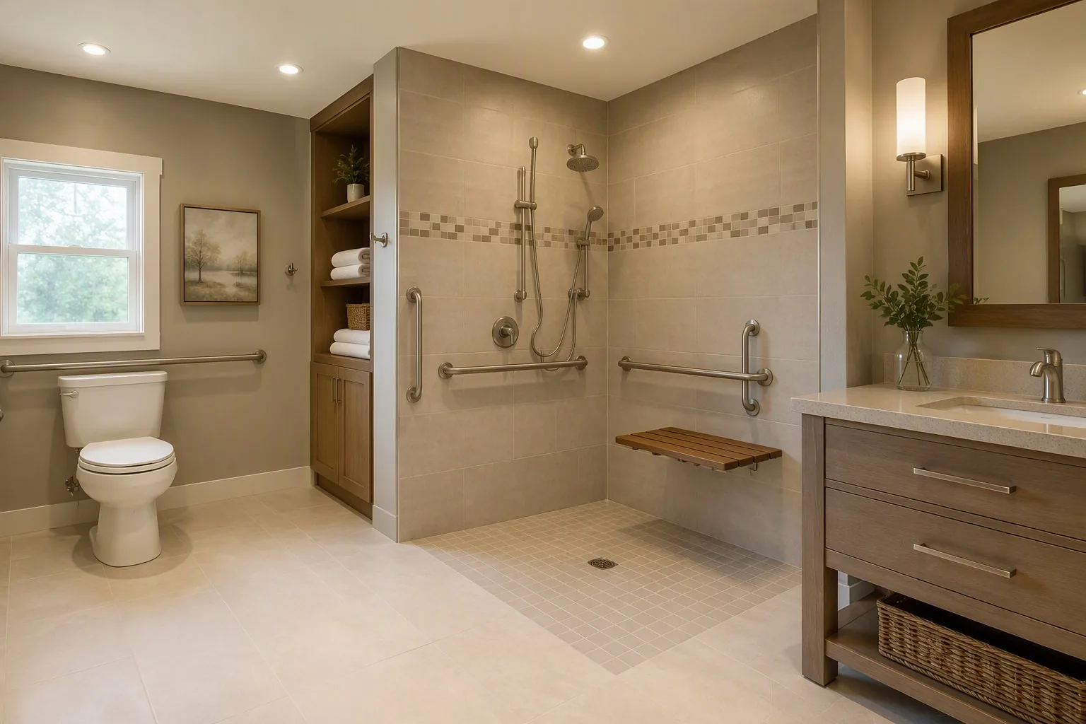 Accessible ADA bathroom remodel in an Aurora home with curbless shower and grab bars