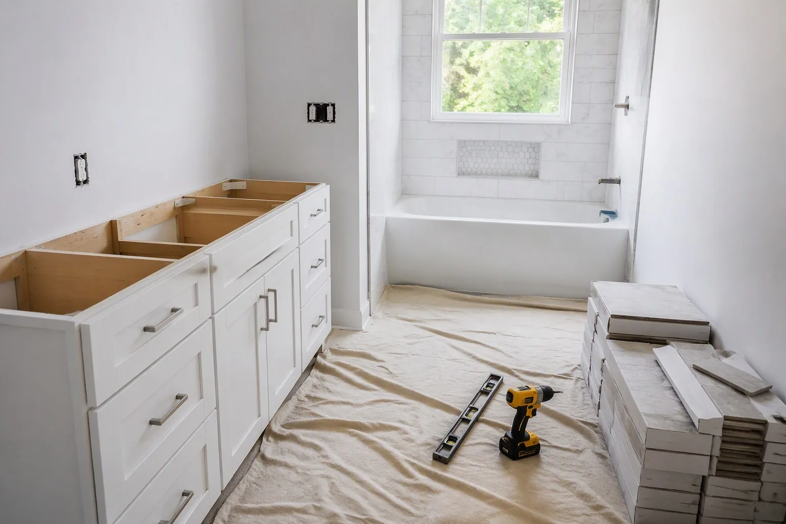 Bathroom remodel in progress in a Denver home showing demo and rough plumbing stages