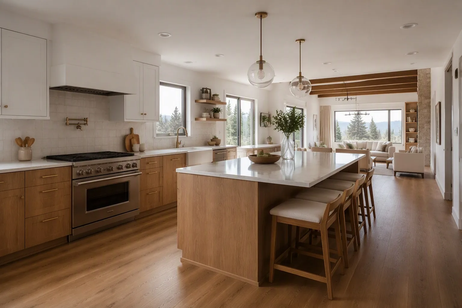 Opened-up kitchen layout in a Denver mid-century ranch home with a new island