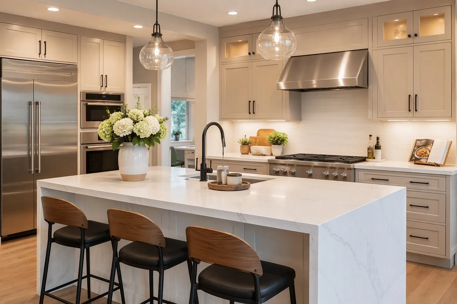 Remodeled kitchen in an Aurora Colorado home staged for resale with quartz counters