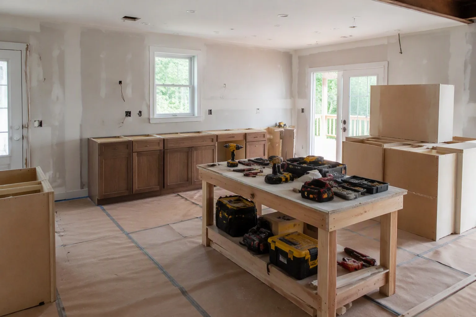 Kitchen remodel in progress in a Denver ranch home with new cabinets being installed