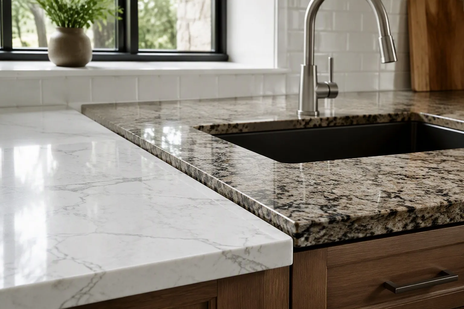 Quartz and granite countertop samples in a Denver Colorado kitchen showroom