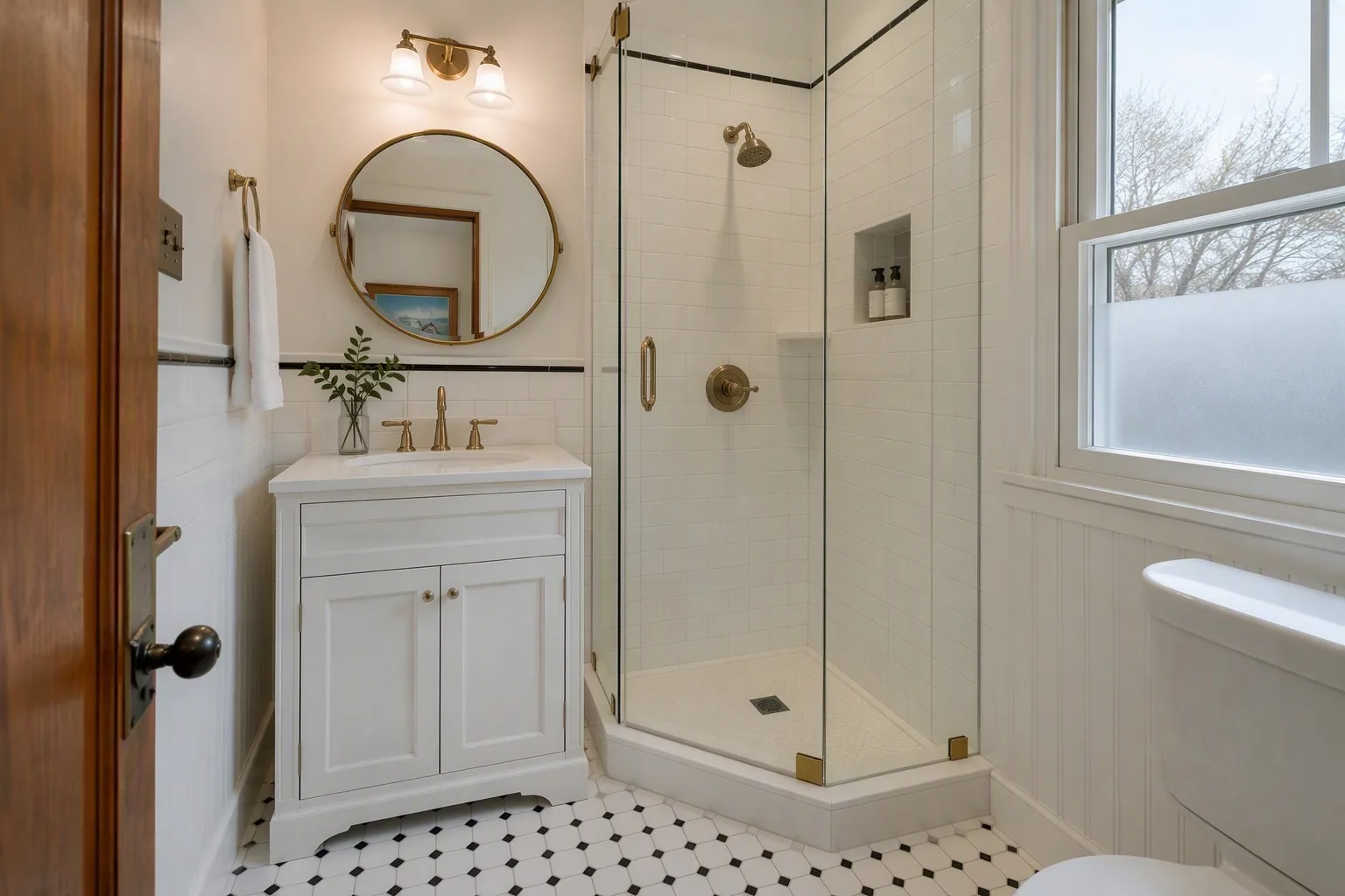 Small bathroom remodel in a Denver bungalow with a walk-in shower and compact vanity