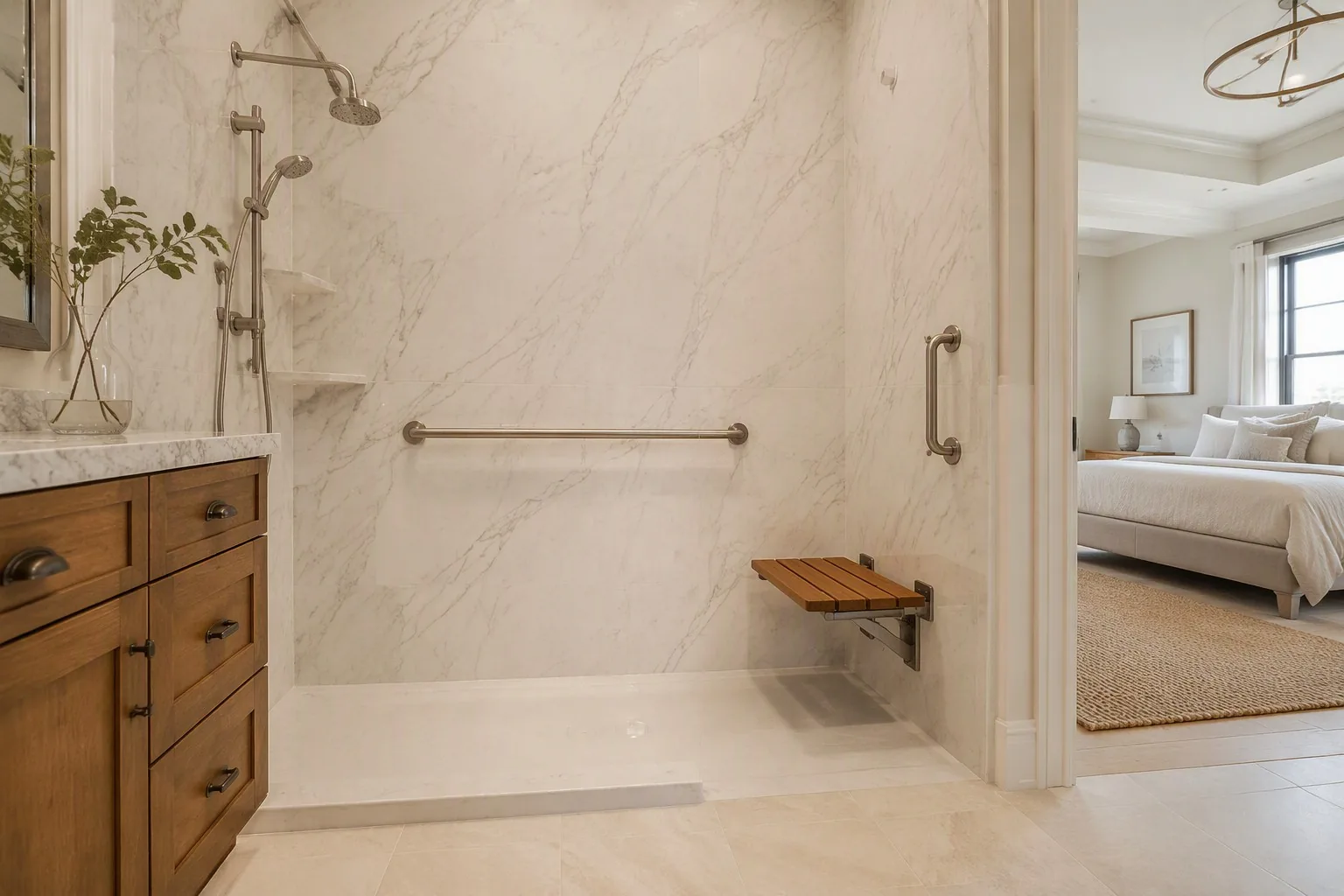Walk-in shower installation in Denver CO with grab bars and bench seat