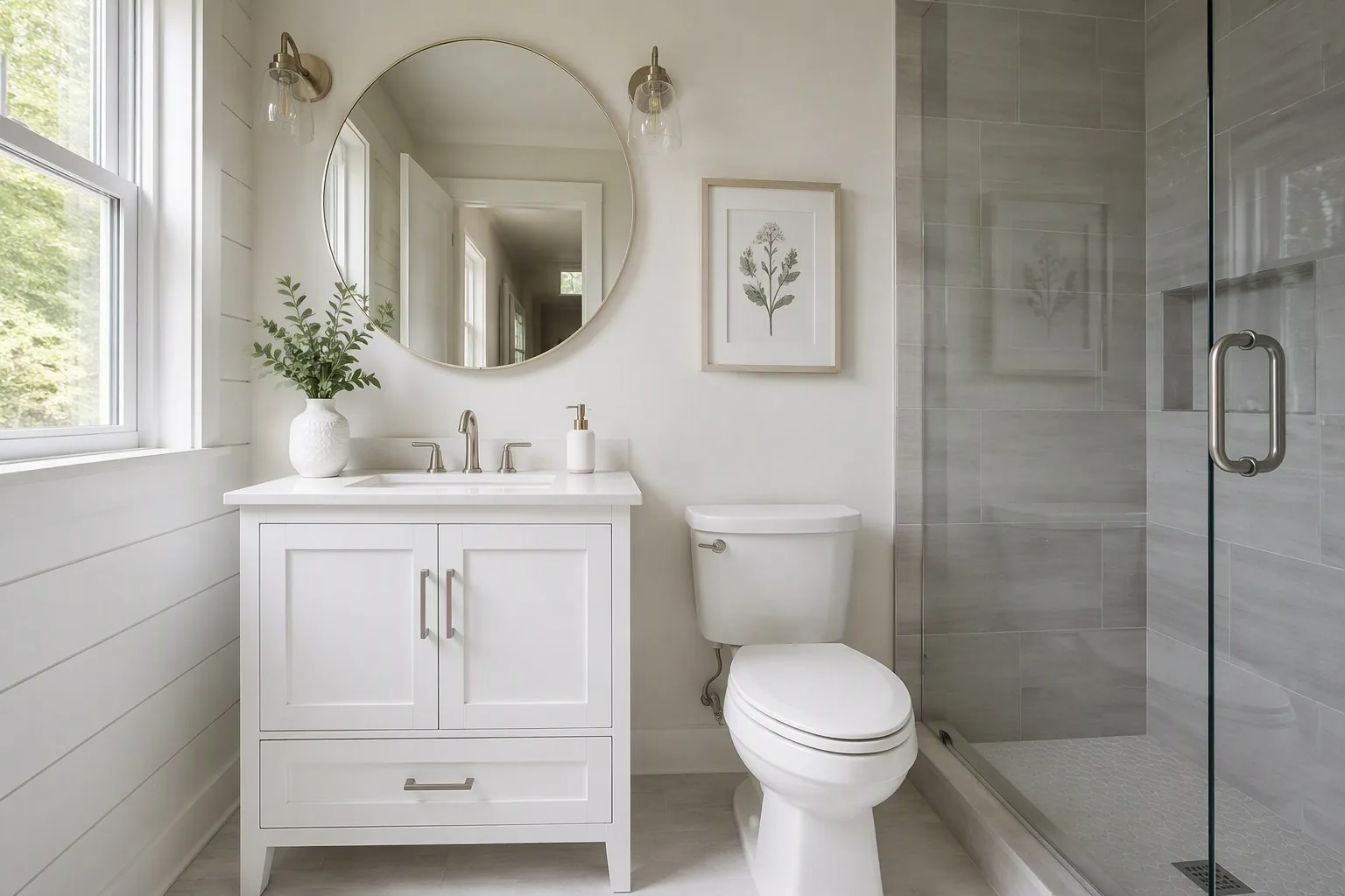Fully remodeled bathroom with new vanity, flooring, and shower in Aurora