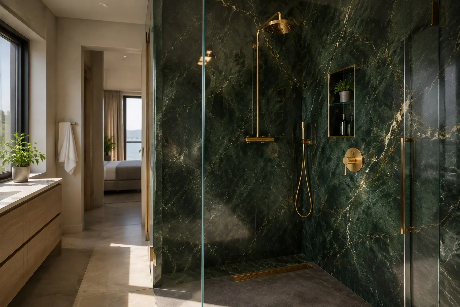 Standard alcove shower renovated with composite walls and new fixtures in Highlands Ranch
