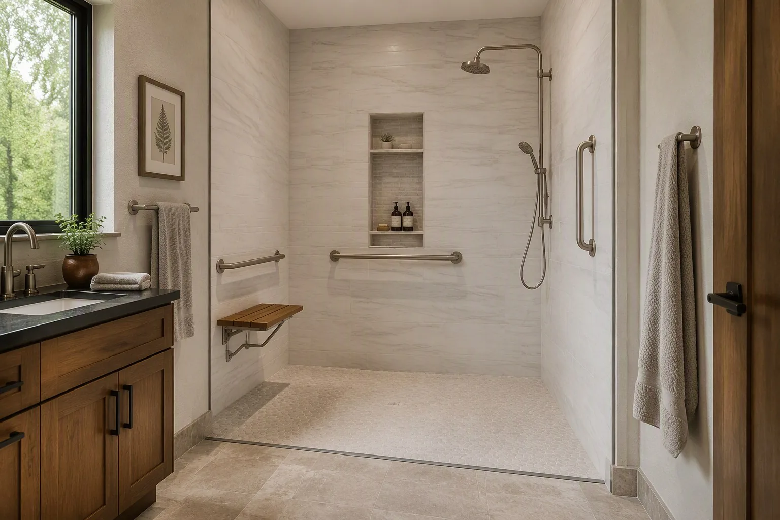 Accessible roll-in shower with grab bars and handheld shower wand