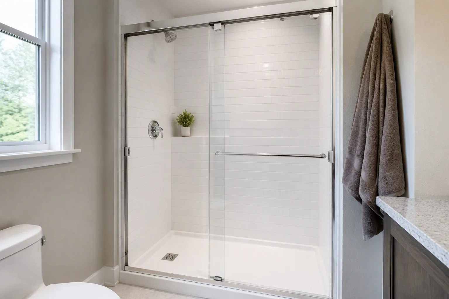 Renovated standard alcove shower with composite walls and sliding glass door