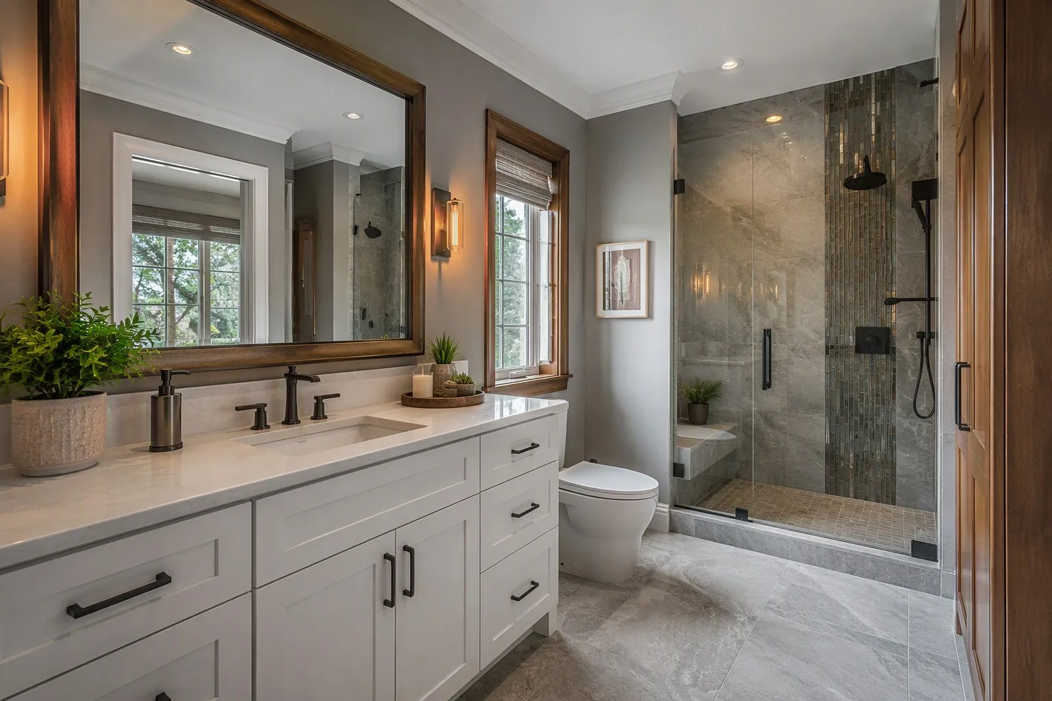 Completely remodeled bathroom with new vanity, flooring, and walk-in shower