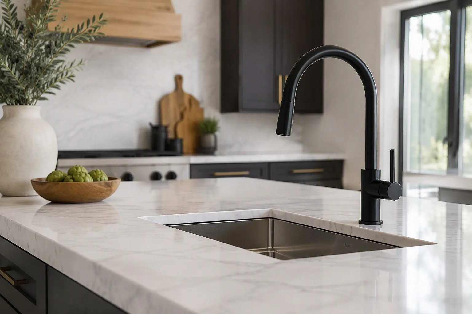 New quartz kitchen countertop with eased edge profile