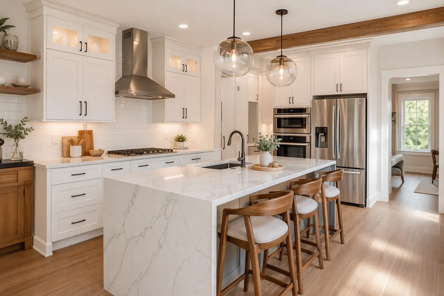Fully remodeled kitchen with new cabinets, countertops, and lighting